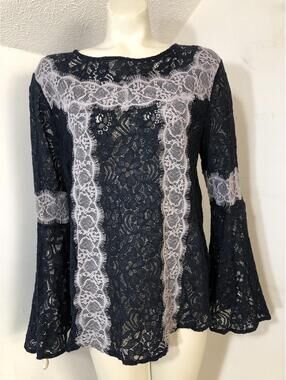 Loft Womens Large Longsleeved Top Blouse Navy White Lace Bell Sleeves